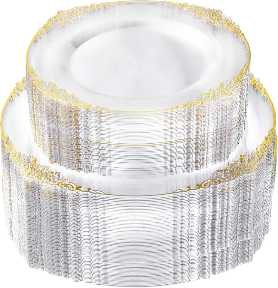 Bestluck 200Pcs Clear & Gold Plastic Plates for 100 Guests