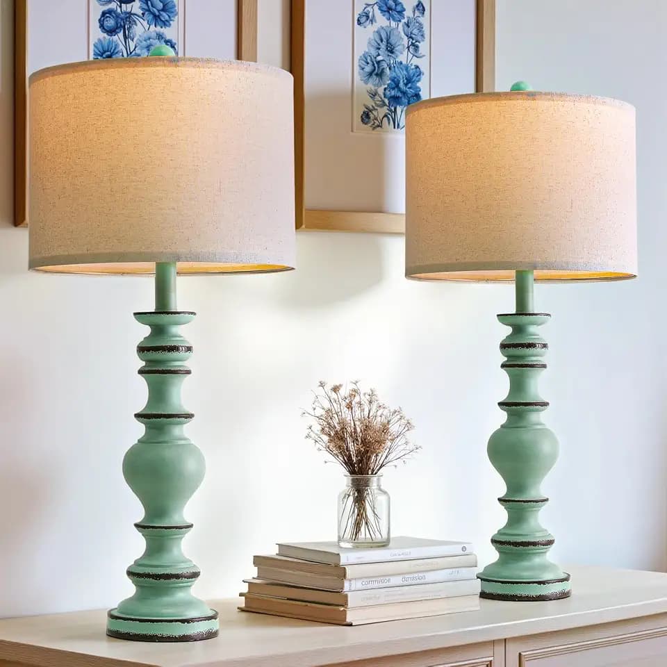 BOBOMOMO 27" Distressed Teal Table Lamps Set of 2, Large Coastal Farmhouse Resin Lamps with Linen Shades, Blue Green Lamps for Living Room, Bedroom, or Console Table Home Décor
