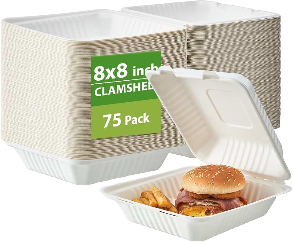 Jaluxing [8X8 1-Compartment 75-Pack Bio Natural Clamshell Take Out Food Containers with Lids, Disposable Bagasse Togo Trays, Eco-Friendly Biodegradable Made of Sugar Cane Fibers