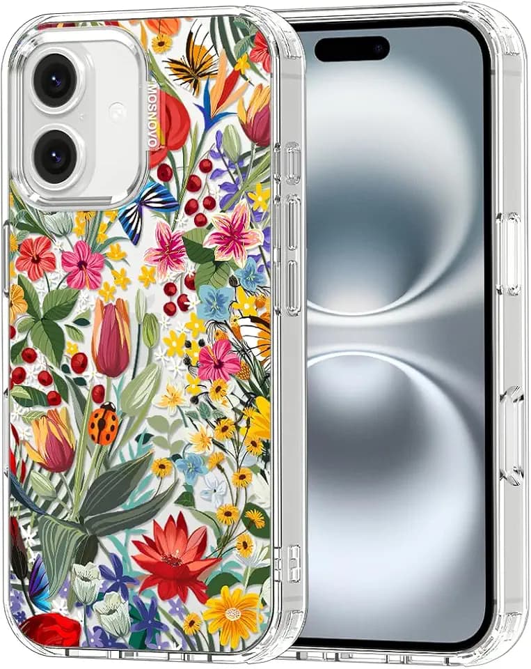 MOSNOVO for iPhone 16 Case | Military Grade 6.6ft Drop Tested | Clear with in The Garden Design