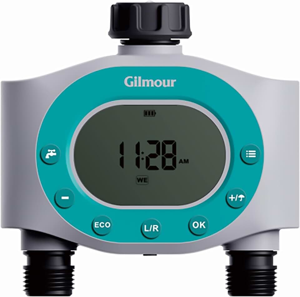 Gilmour Dual Outlet Water Timer for Garden Hose, Programmable Automatic Watering System, LCD Screen, Rain Delay, Battery Operated