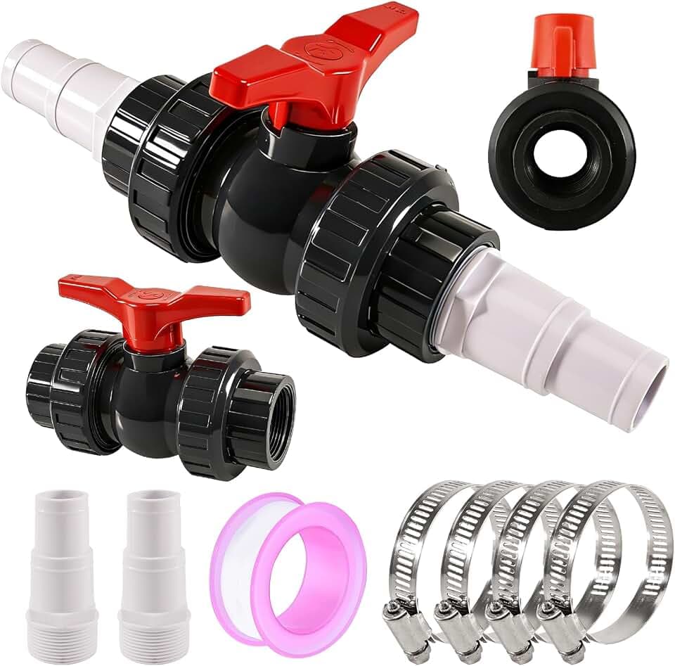 1,5 Zoll Kugelhahn mit Schlauchverbinder, PVC Absperrhahn Pool Absperrventil Set, 2 Schlauchtülle 32-38mm, Poolschlauch Verbinder Pool Adapter Poolventil Ventil Kugelventil, 4 Klemmen & 2m Dichtband