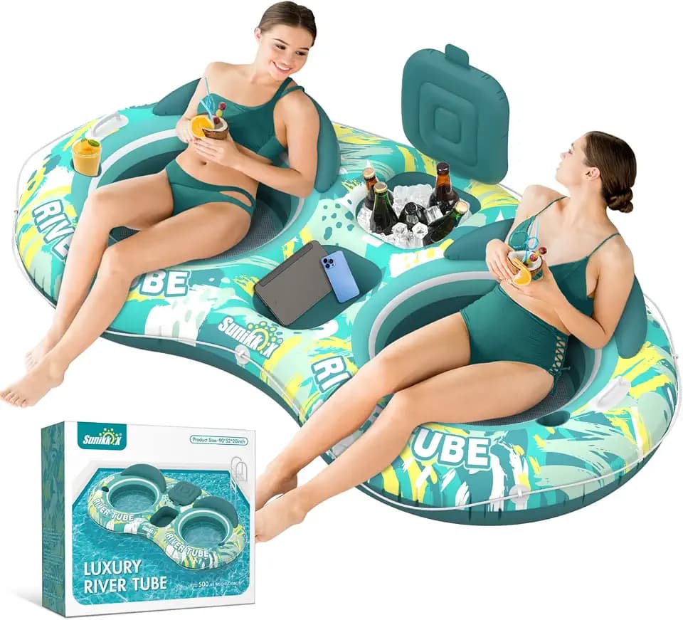 Sunikko X 5-in-1 Pool Floats Adult Heavy Duty River Tube, 2 Person Water Lounge Tanning Pool with Backrests, Built-in Cooler, Cup Holders, Deluxe Pool Toys for Summer Relaxation