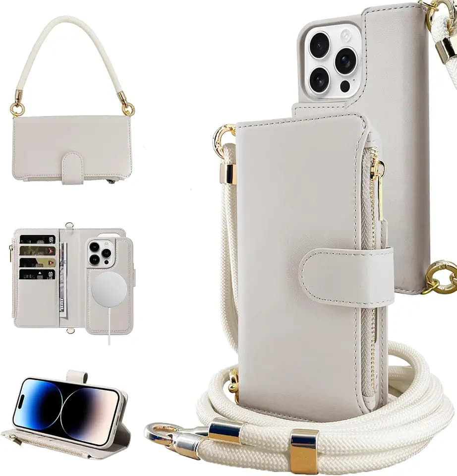 for iPhone 16 Pro 2-in-1 Magnetic Crossbody Wallet Case + Wrist Strap