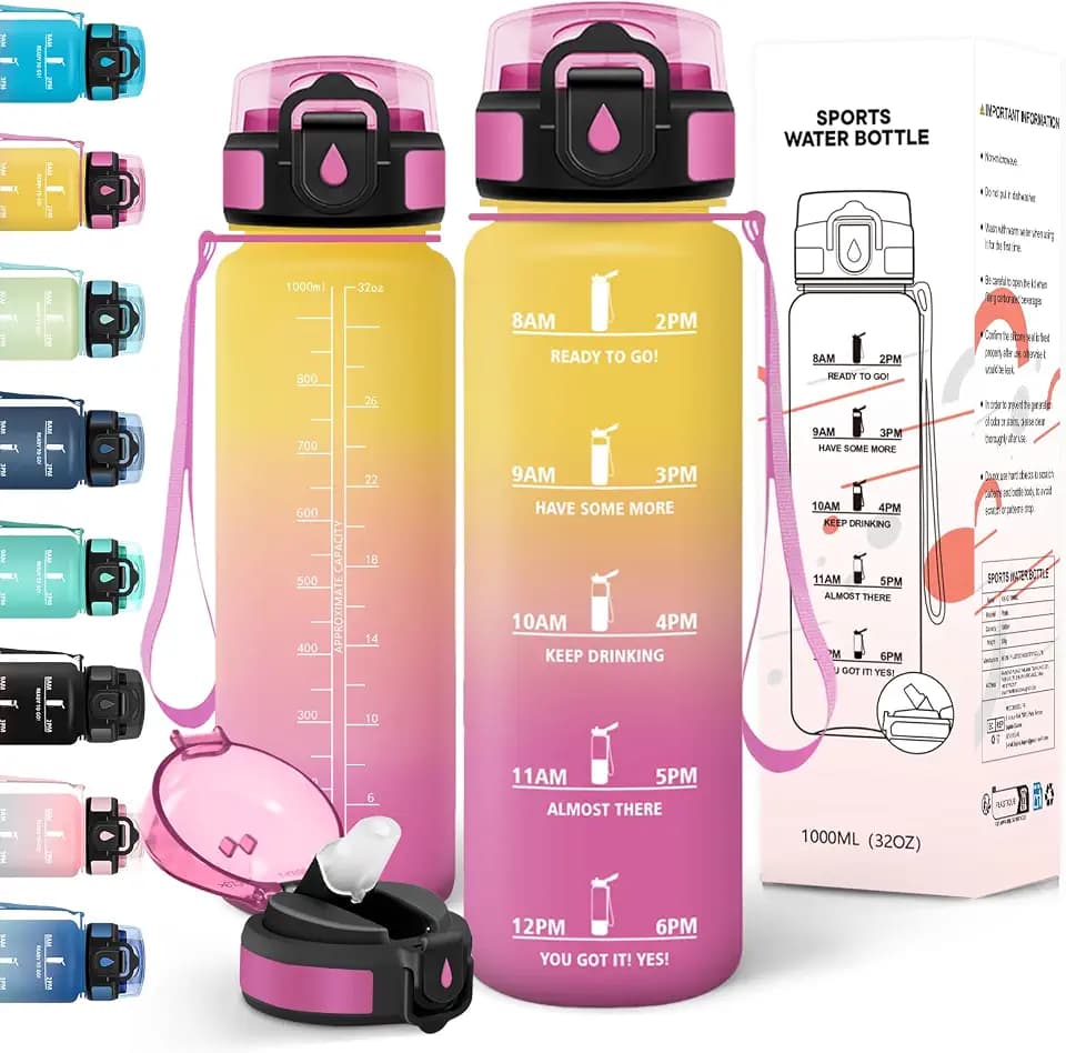 Motswedi Trinkflasche 1l, Kohlensäure Geeignet, Trinkflasche mit Strohhalm, Auslaufsicher, Wasserflasche, BPA-Frei, Flasche, Einhandöffnung, Trinkflaschen, für Fitness, Fahrrad, Outdoor,Gelb Rosa