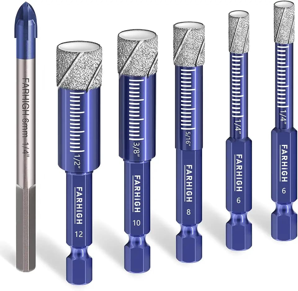 Diamantbohrer Fliesenbohrer Glasbohrer Set 6 tlg. 6, 8, 10, 12mm & 6mm Wolframstahl-Legierungsbohrer für Keramik,Porzellan,Fliesen,Glas,Granit,Stein,Mauerwerk,Feinsteinzeug&Beton,Sechskantschaft