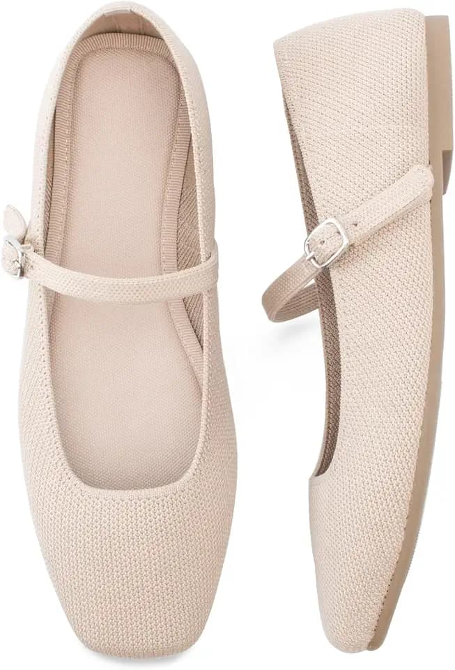 Soesyi Knit Flats for Women Square Toe Flats Casual Ballet Flats with Ankle Strap,Mary Jane Shoes Women Comfortable for Dressy Office