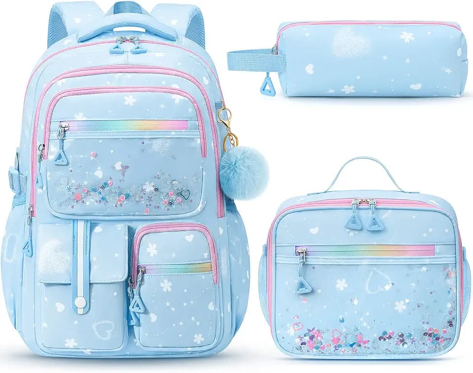 Fimibuke Backpack for Girls, 3 PCS Bookbag Set with Lunch Box & Pencil Case