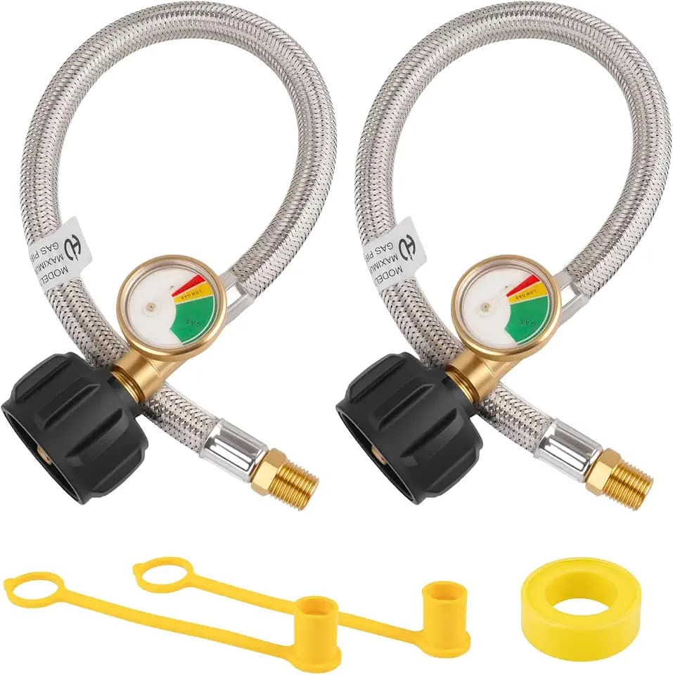 2PCS 15 IN RV Propane Hose with Pressure Gauge, 1/4" Male, 250PSI