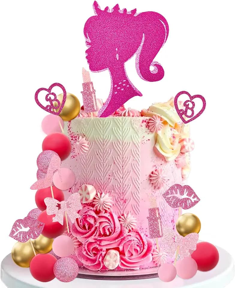 MEMOVAN Hot Pink Girl Cake Topper 31PCS -Princess Makeup Cake Topper Decoration with Pink Gold Ball Glitter High Heel Lipstick Lips Bow Tie for Bachelorette Boho Girl Hot Pink Princess Theme Party