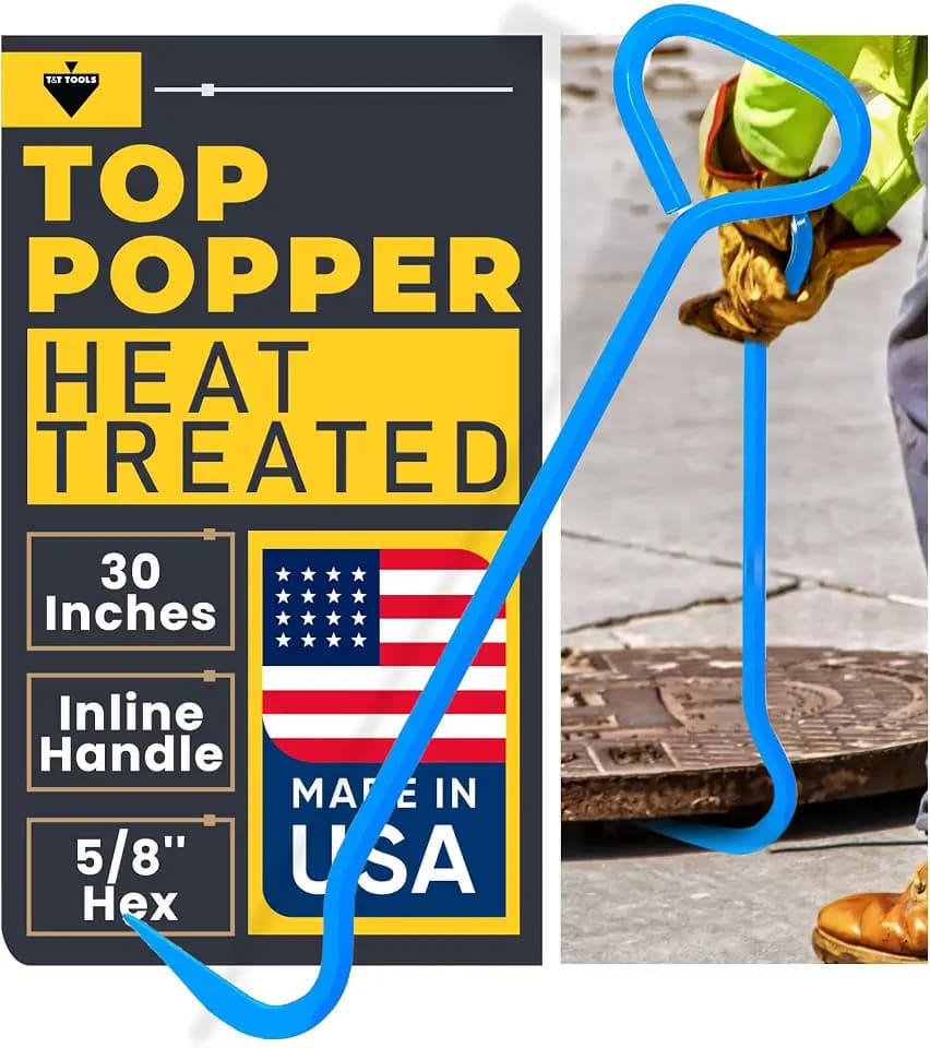 T&T Tools 30-Inch Top Popper Manhole Hook Tool - Inline Handle, 5/8" Hex