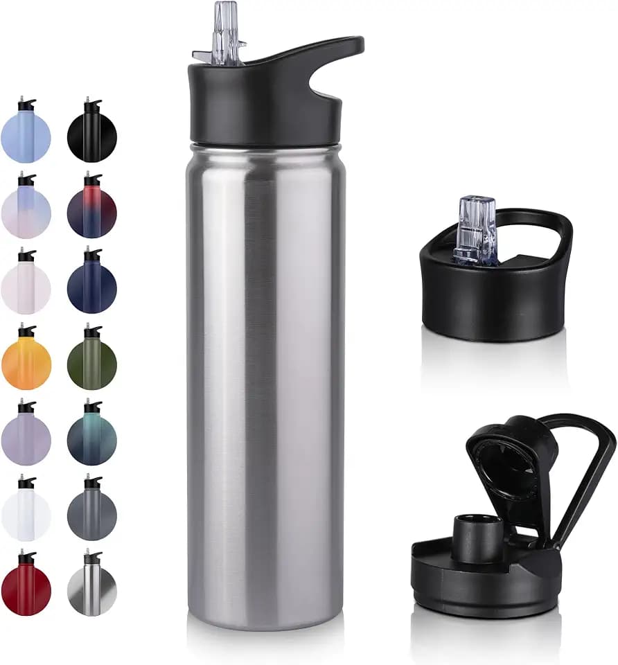 Edelstahl Trinkflasche - 750ml - mit Strohhalm,Auslaufsicher,Kohlensäure Geeignet,BPA frei Thermosflasche(+2 Deckel) Vakuum Doppelwandisolierung für Sport,Reisen,Camping,Schule,Fahrrad,Gym