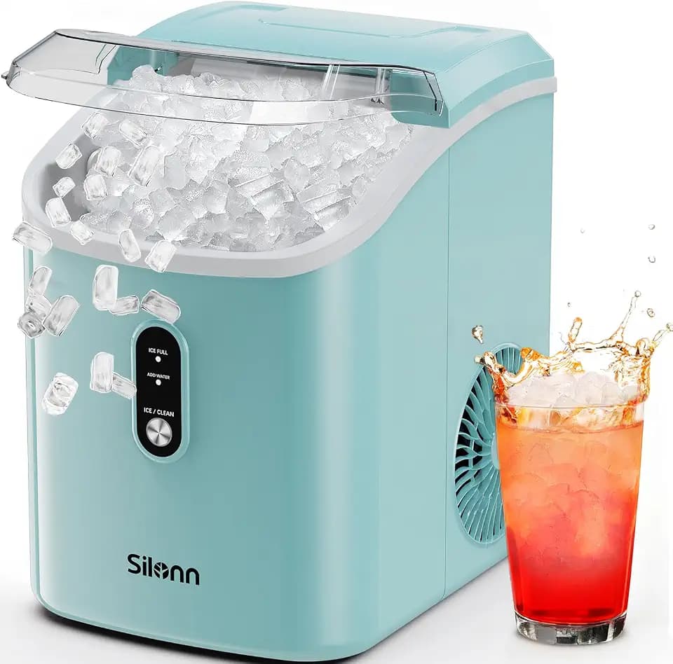 Nugget Ice Maker Countertop, Silonn Chewable Pellet Ice Machine with Self Cleaning Function, Pebble Portable Ice Maker with Ice Scoop for Home Kitchen Office, Green