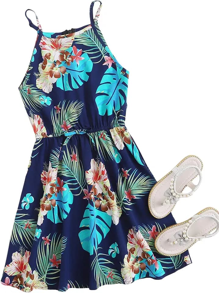 OYOANGLE Girl's Casual Boho Floral Print Sleeveless Hawaiian Dress Sundress