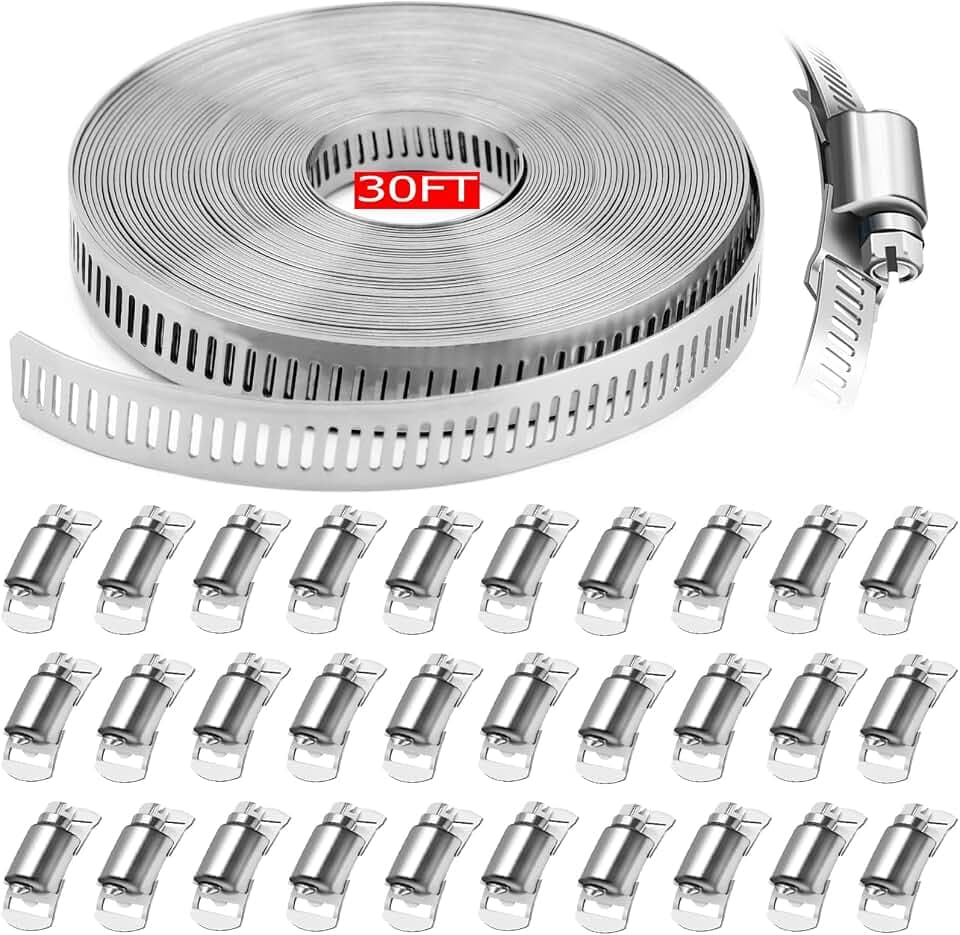 30FT Strap+30 Fasteners Hose Clamps Kit,304 Stainless Steel DIY Cut-To-Fit