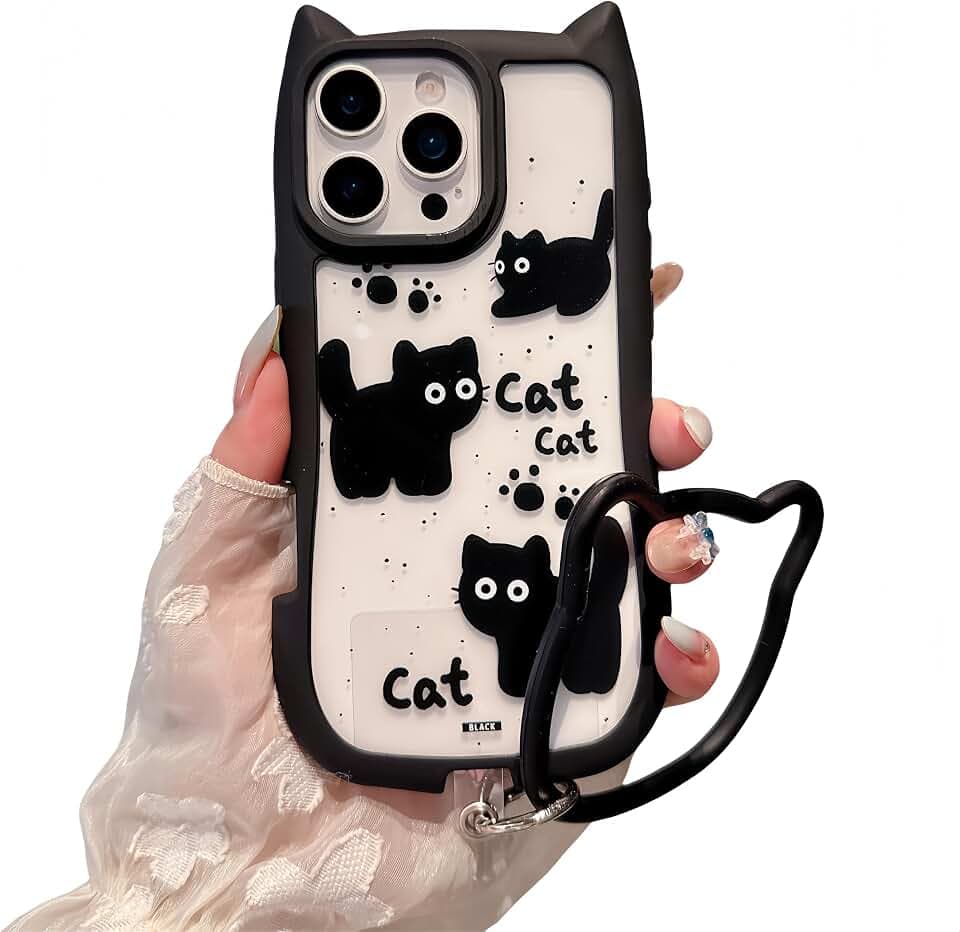 for iPhone 13 Pro Max Case, [Black Cute Cat Ears] [2-in-1 with Kitty Bracelet] Stylish Black Baby Kitty Print, Soft TPU Shockproof, Gift for Women and Girls
