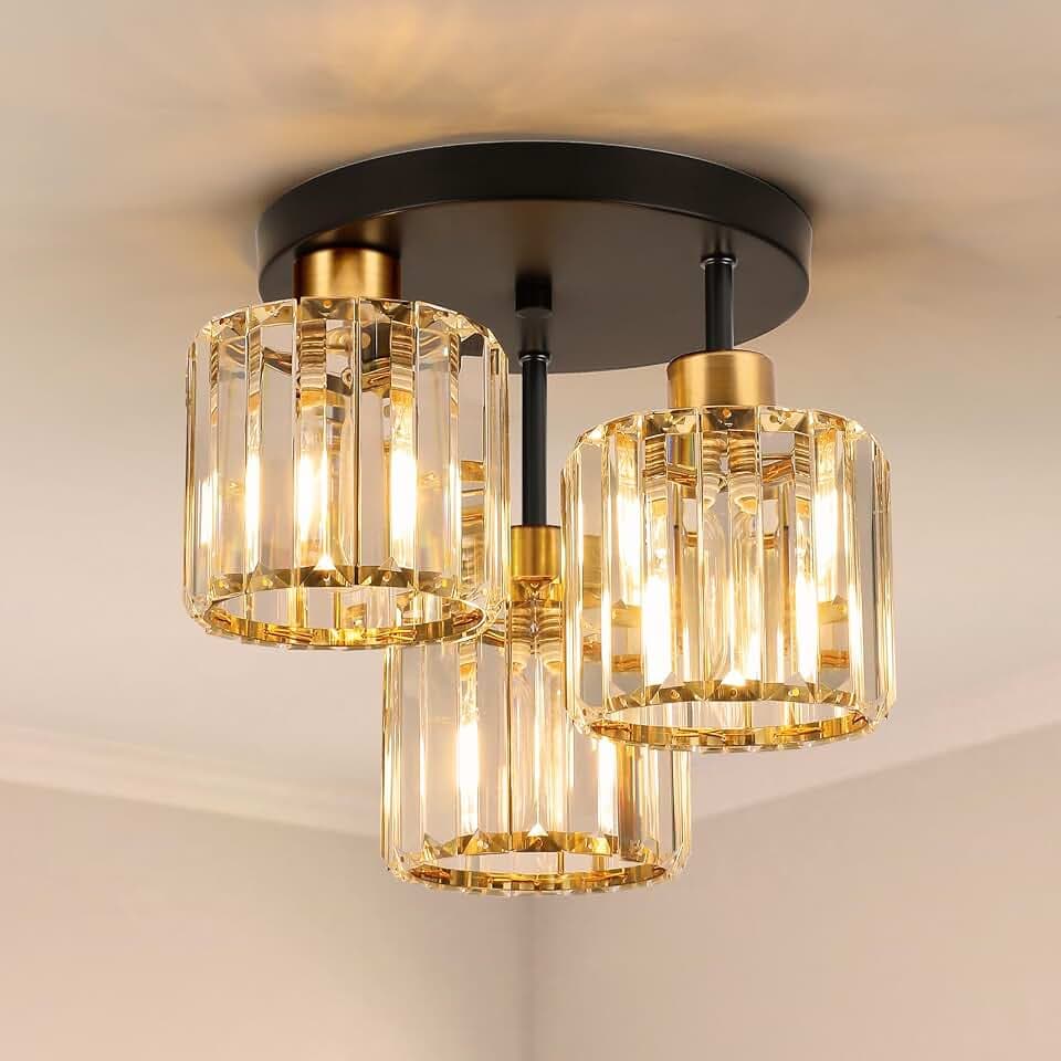 Kristall Deckenleuchte 3 Flammig, Kronleuchter Schwarz Gold mit Metall Rahmen Lampenschirm, E27 Deckenlampe, Moderne Ceiling Light Lampe für Schlafzimmer Wohnzimmer Flur Küche Esszimmer