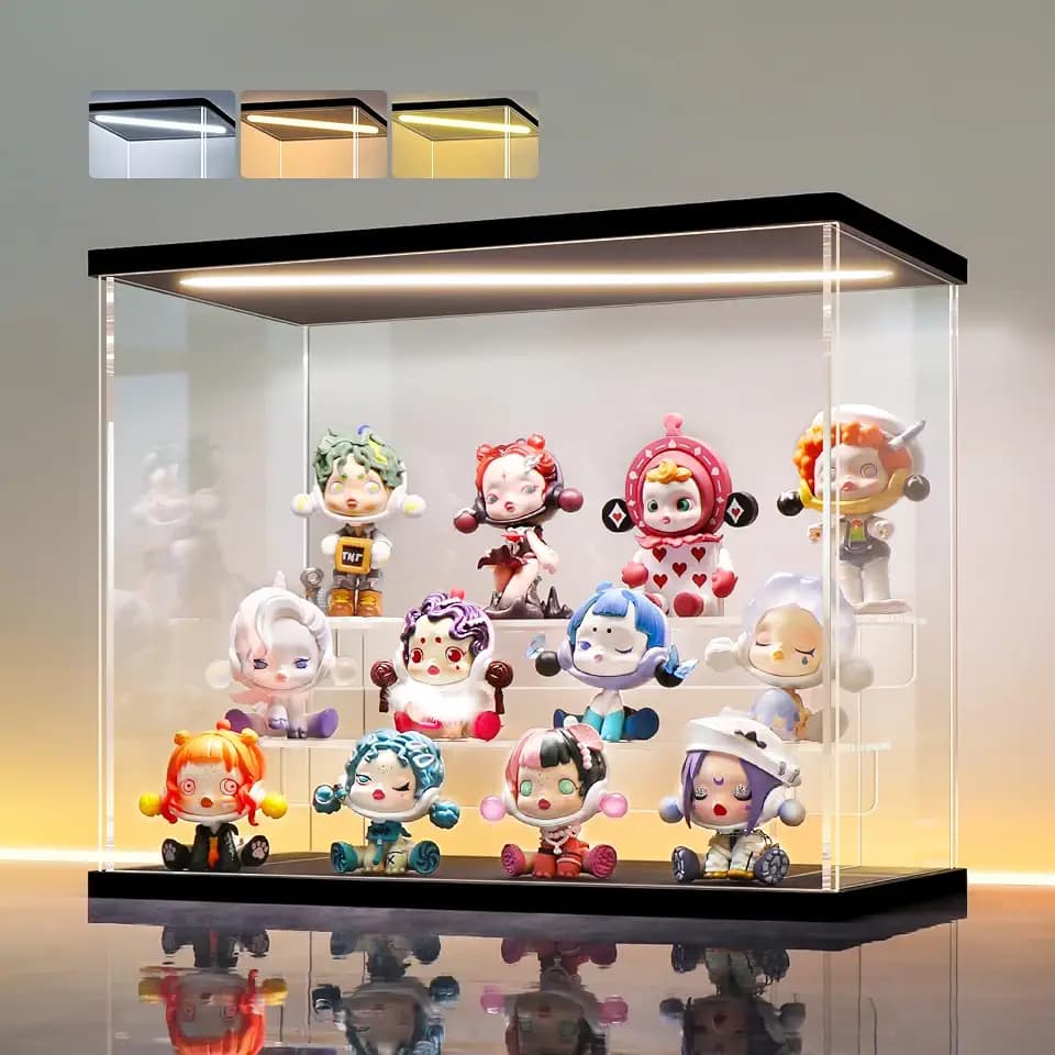 LANSCOERY Acrylic Display Case for Collectibles, 3-Tier LED Light, Black