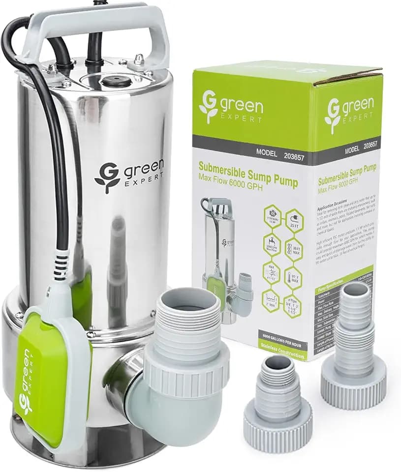 Green Expert 1.5HP Submersible Sump Pump, 6000 GPH, Tethered Float Switch