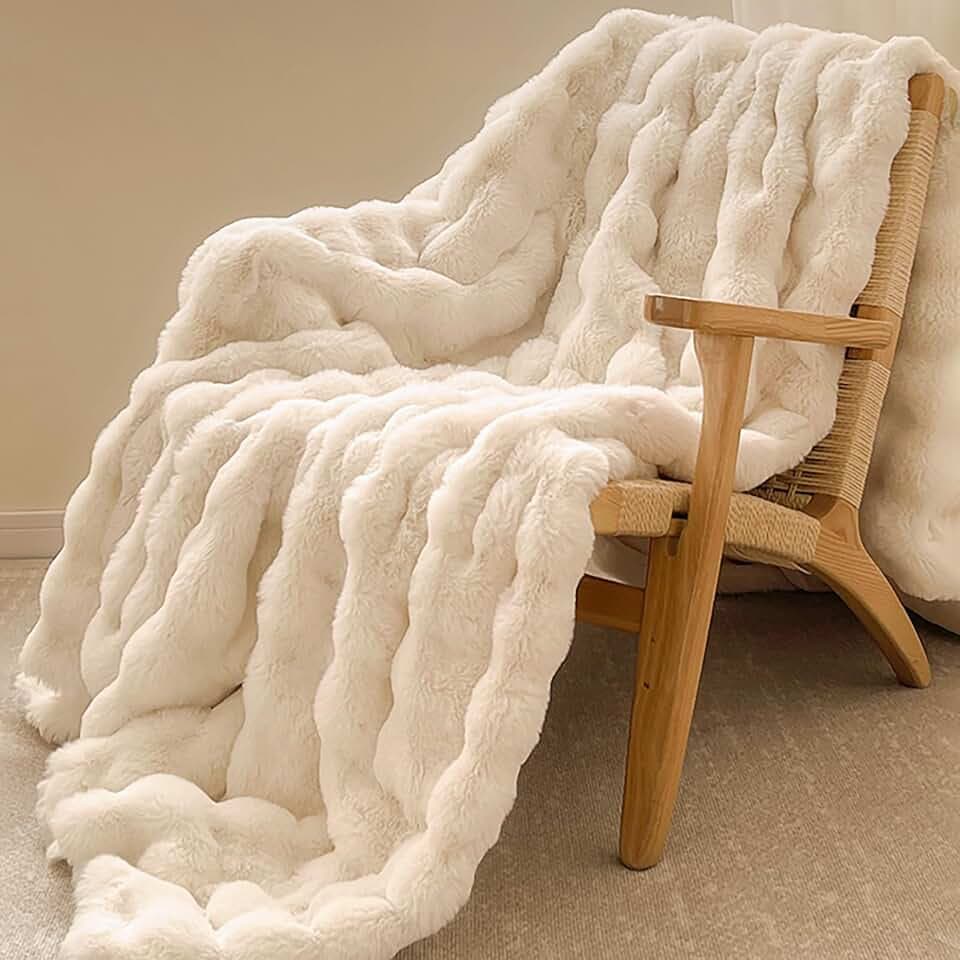 Kunstpelz-Decke aus Kaninchenimitat, luxuriöse weiche warme Bubble-Decke für Bett, Couch, Sofa, Beige, 127 X 152 cm