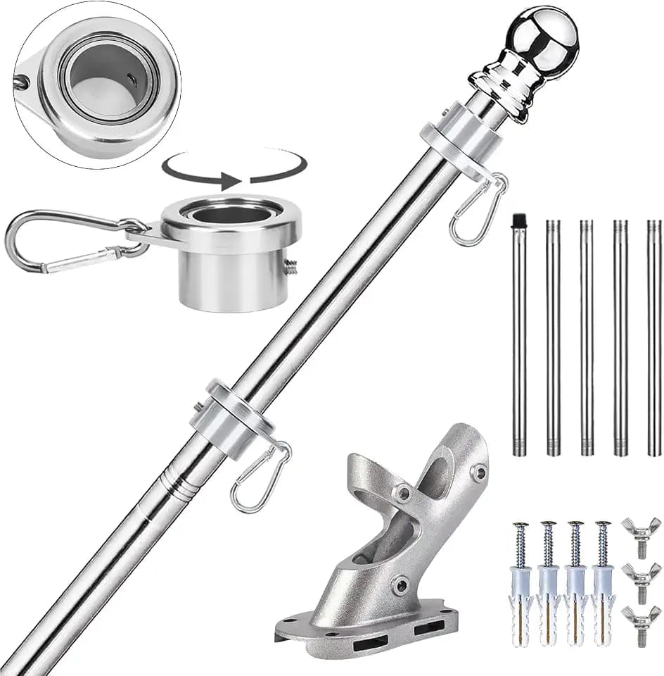Flag Poles for Outside House, 6 FT Flag Pole Kit with No-Tangle Aluminum Ring Clips and Holder Mounting Bracket, Stainless Steel 1 inch Diameter Flagpole for Boat Dock Porch Sport (1 Pack)