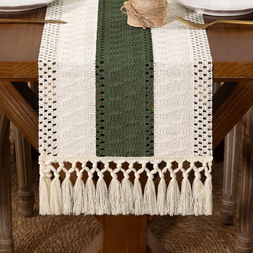 DeZerlor Boho Macrame Table Runner Spring Easter Farmhouse Woven Small Table Runner with Tassels 48 Inches Ivory& Olive Green Cotton Linen Kitchen Table Decor for Dining Dresser Home Tea Table Decor