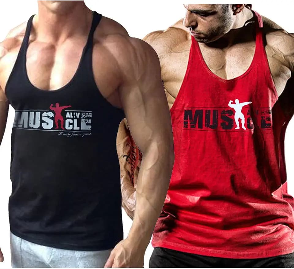 Alivebody Herren Bodybuilding Tank Top Strap Fitness Stringer Achselshirts Schwarz+Rot M