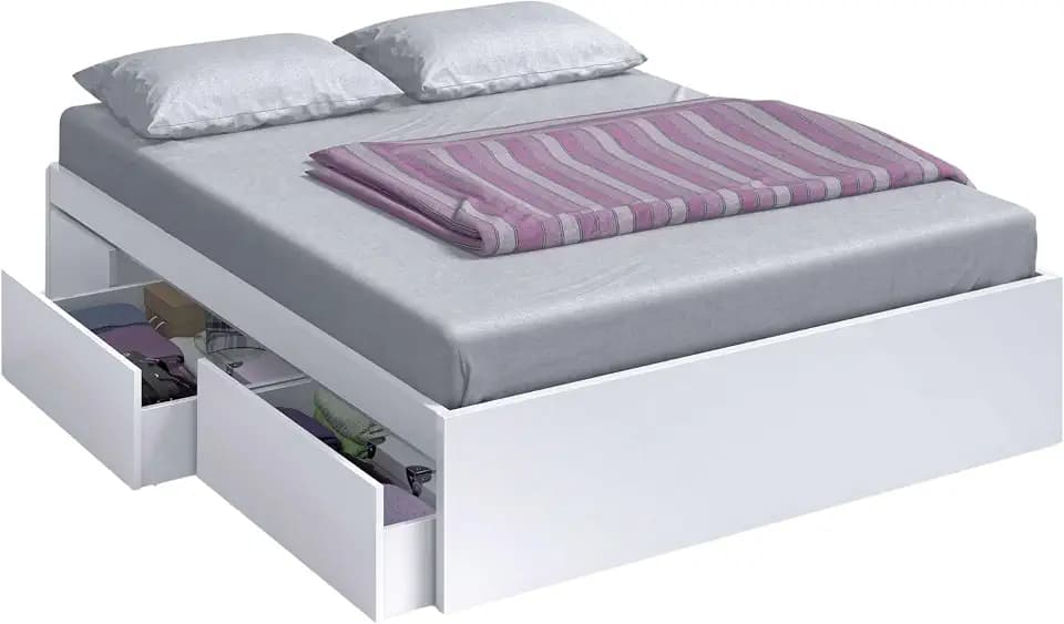 Habitdesign, Bettgestell mit 4 Schubladen – stabiles Doppelbettgestell in Artik weiß, geeignet für 150 x 190 cm Matratzen, Maße: 156 x 196 x 37 cm (B x T x H), Modell Kendra (ohne Lattenrost)