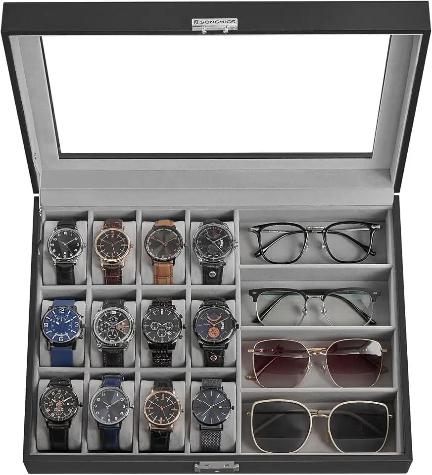 SONGMICS 12-Watch and 4-Sunglasses Box, Watch Organizer with Glass Lid