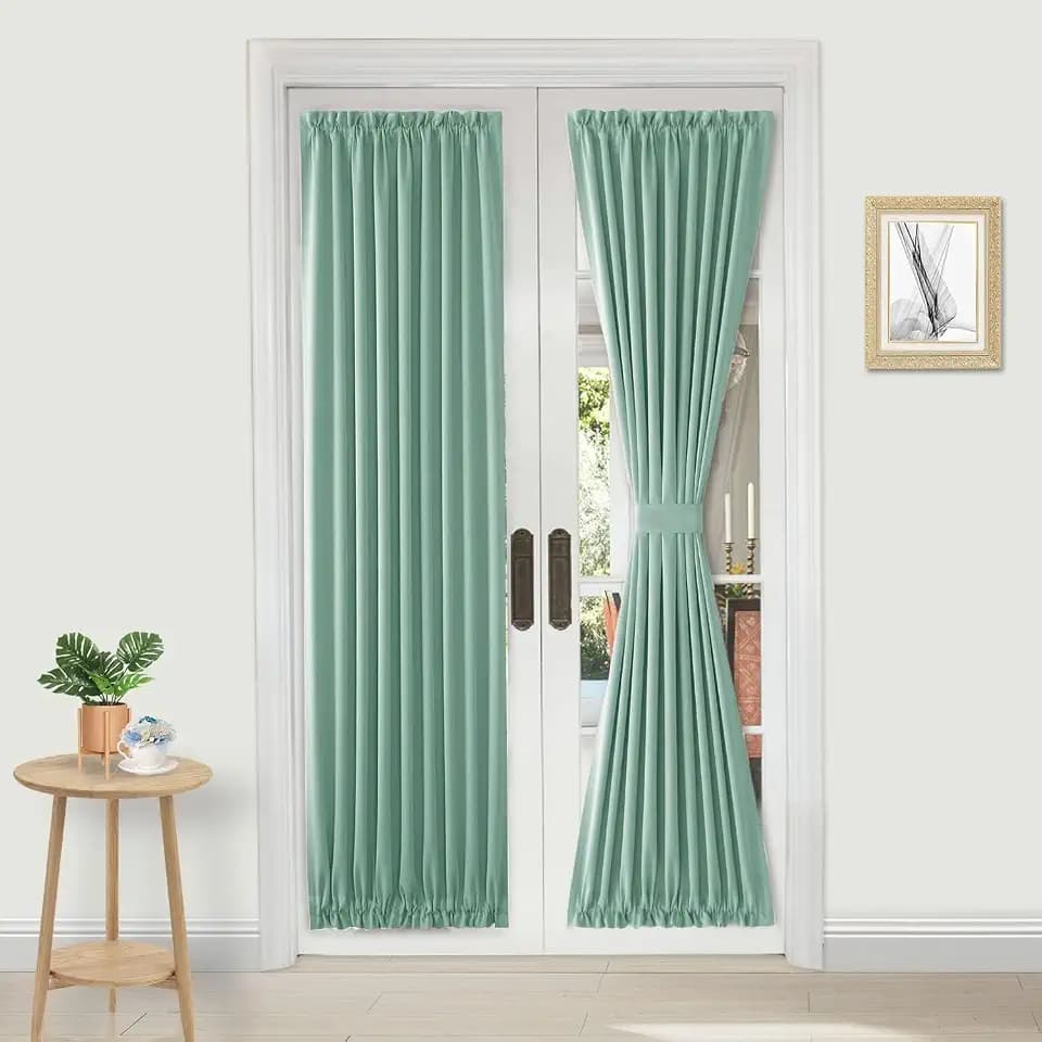 DWCN French Door Curtains – Rod Pocket Thermal Blackout Curtain for Doors with Glass Window, Kitchen and Patio Doors for Privacy, 36 X 72 Inches Long, 1 Curtain Panel with Tieback, Light Sage