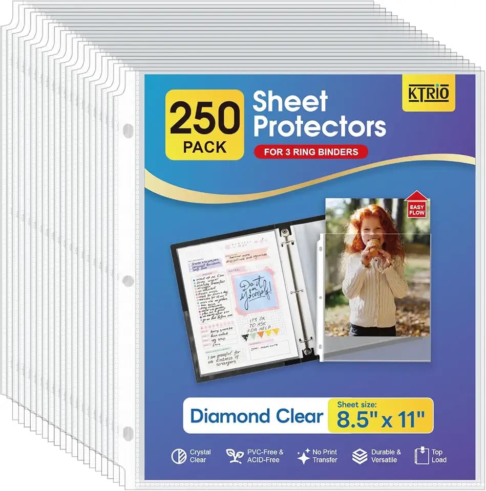 KTRIO Sheet Protectors 8.5 x 11, Page Protector for 3 Ring Binder, 250 Pack