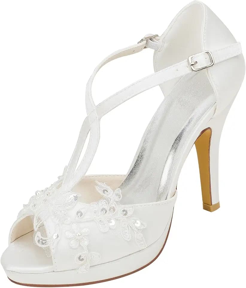 Brautschuhe Damen Seide wie Satin Stiletto Peep Toe Plattform mit Nähte Spitze Perle