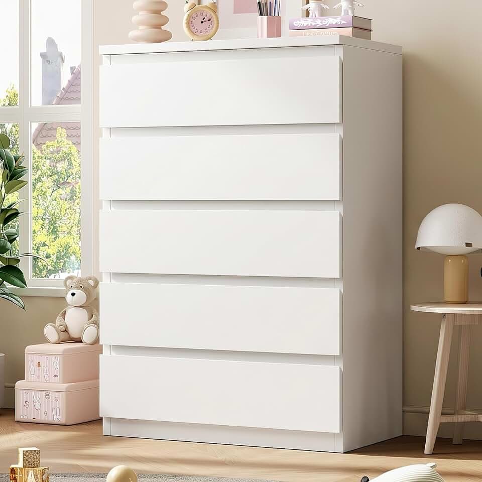 5 Drawer Dresser for Bedroom, White Dresser Chest of Drawers, Tall Dressers for Bedroom with Handleless Drawers, 15" D x 23.7" W x 40.4" H Storage Dressers for Living Room, Hallway and Entryway-White