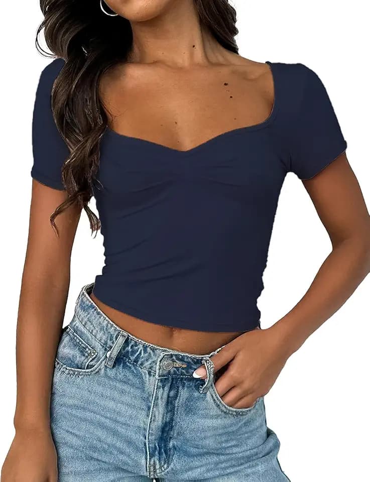 ForeFair Women's Sexy Short Sleeve Going Out Tops Pleated Bustier Shirt Cute Sweetheart Neck Y2K Crop Tee