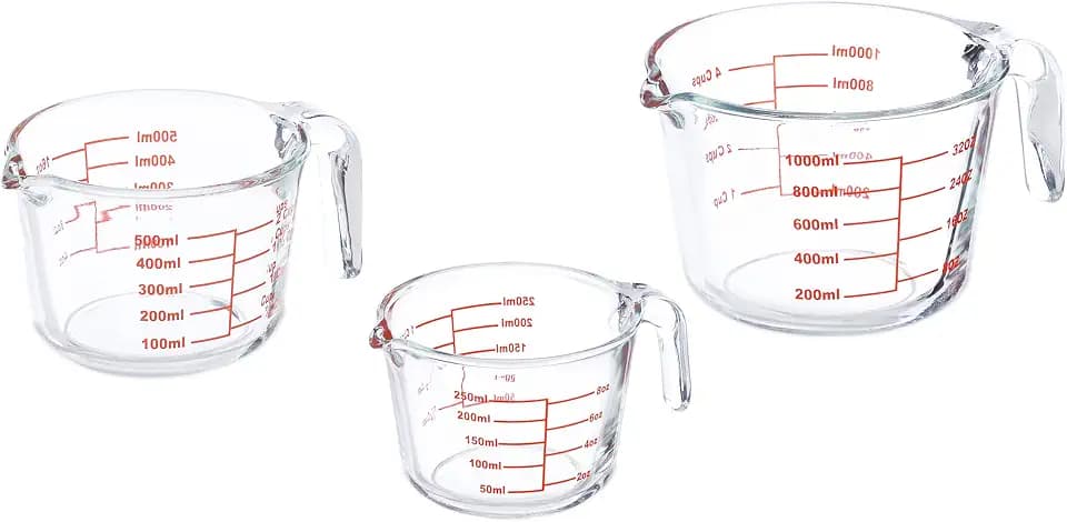 Relaxdays Messbecher Set, 3-teilig, Glasmessbecher 250 ml, 500 ml, 1l, hitzebeständig, mikrowellengeeignet, transparent