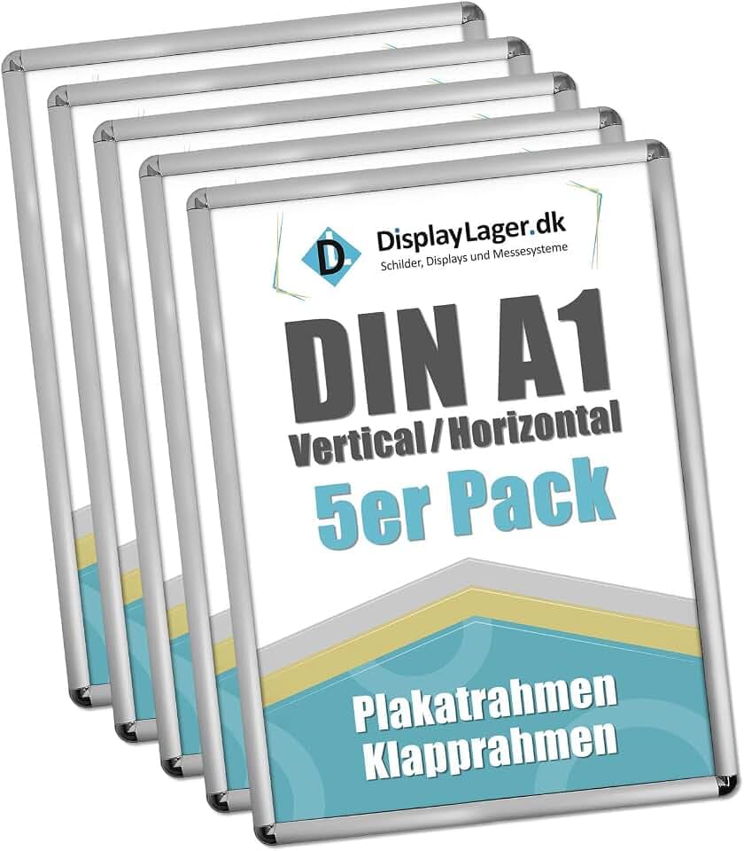 DisplayLager - 5'er Sparpack Silber DIN A1 Rondo Klapprahmen mit 25mm Aluminium Profil, Entspiegelter Schutzscheibe, Befestigungsmaterial