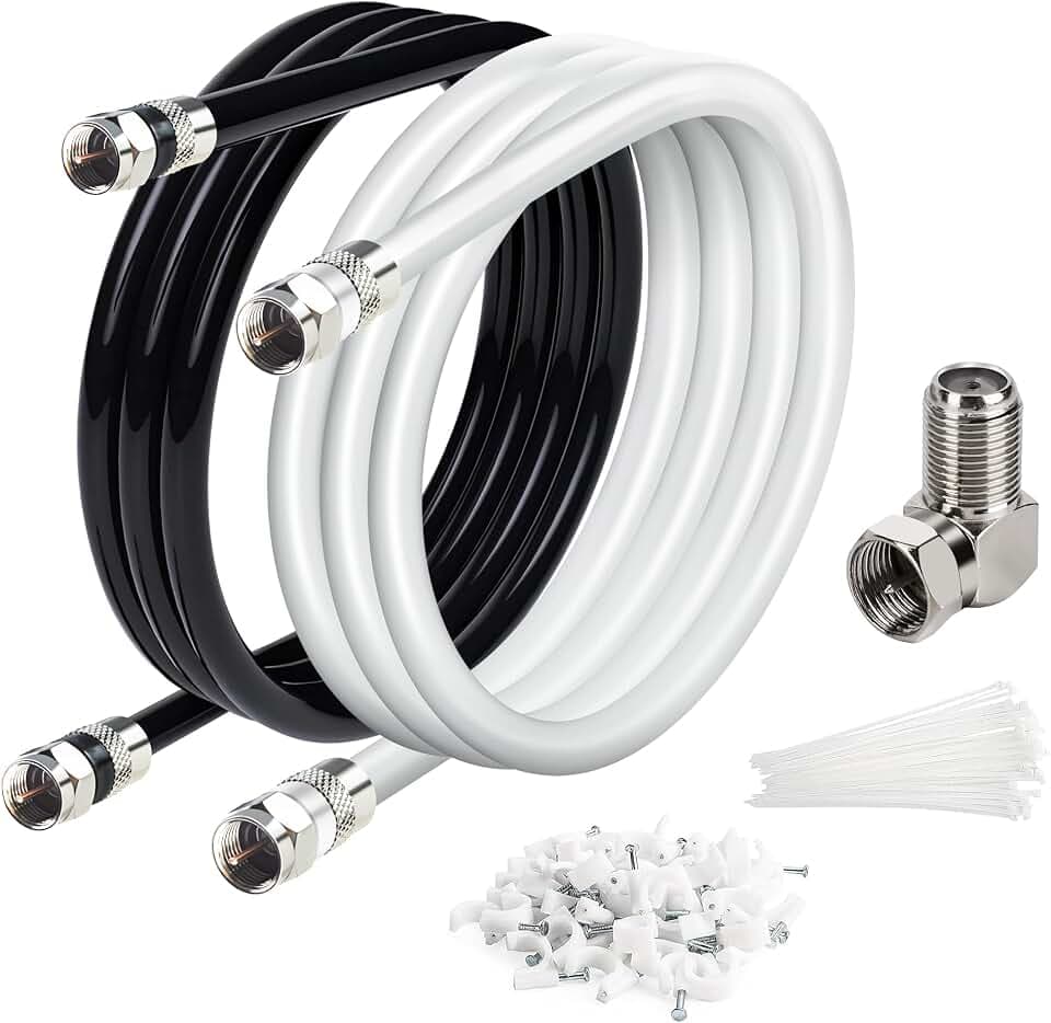 Elecan 6 Ft/2 Pack RG6 Coaxial Coax Cable Connectors Set, Quad Shielded High-Speed Internet 3 GHZ, Broadband Digital TV Aerial, Soft Satellite Cable Extension Double Rubber O-Ring+ Adapter+Ties+Clips