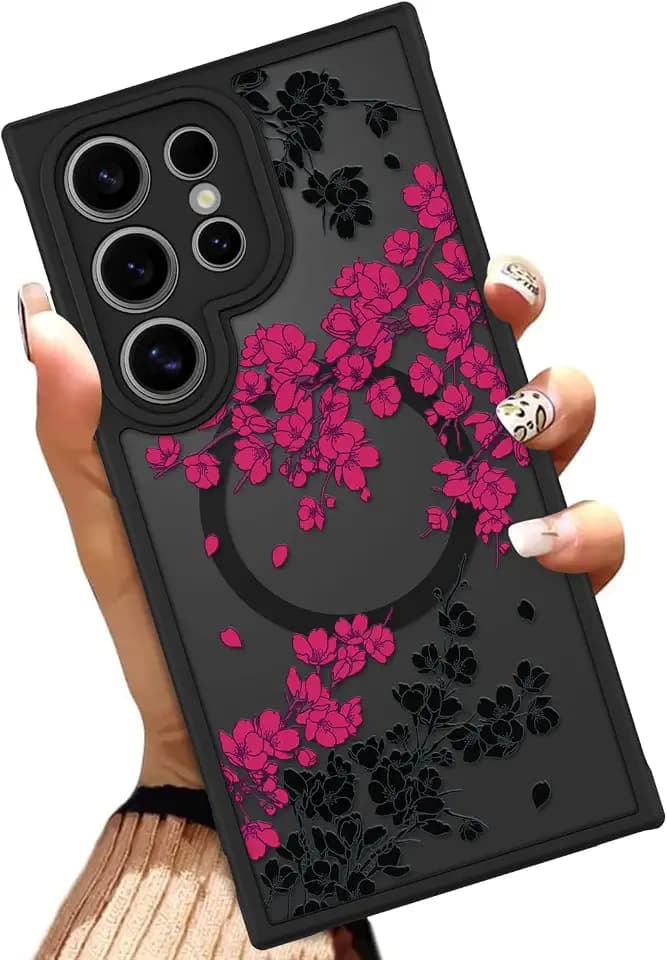 OOK Phone Case Fit for Samsung Galaxy S24 Ultra 6.8 Inch, Hot Pink Flowers