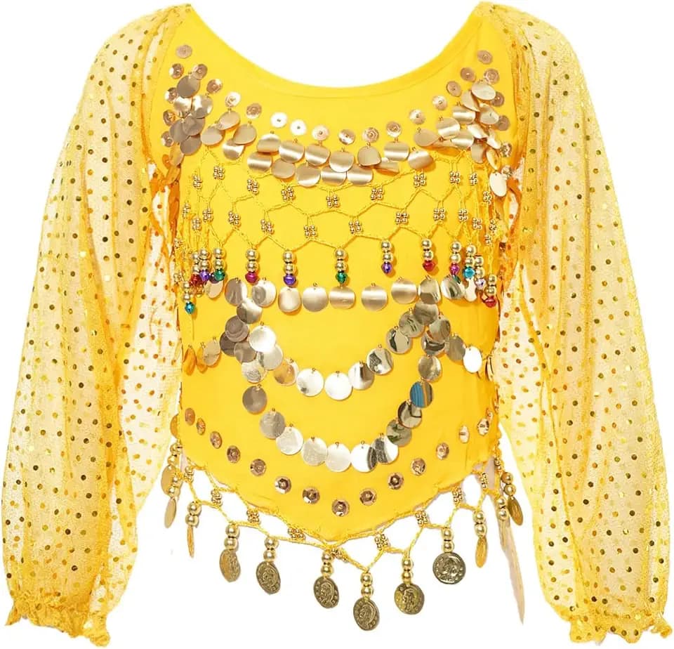 Bauchtanz-Top für Frauen, Puff-Langarm-Chiffon-Pailletten-Tanz-Shirts, Glitzermünzen, Quasten, Bluse für Festival, Clubbing, selbstbindend, Tribal-Crop-Top für Bauchtanz-Performance-Outfit
