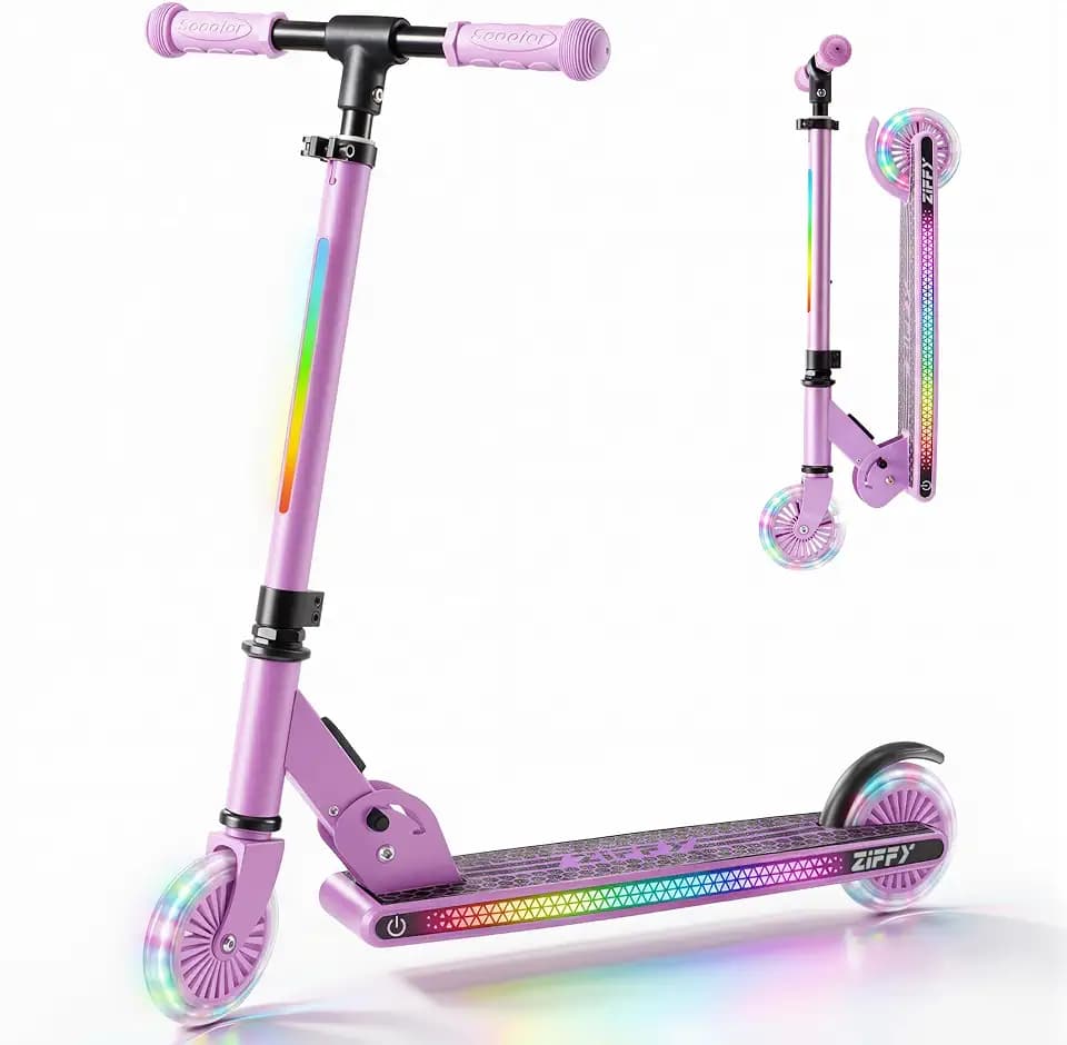 JOVA ZIFFY Light Up Scooter for Kids 3-12, 2 Wheel Foldable Kids Kick Scooter, 3 Adjustable Height, ABEC-7 Bearing with 4'' PU Wheels, Rear Foot Brake, Gift for Boys& Girls (Up to 110lb)