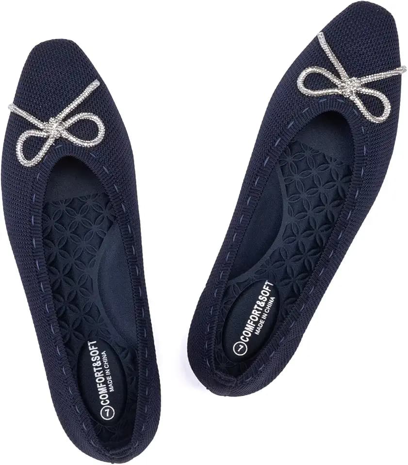 Frank Mully Ballet Flats for Women Square-Toe Flats with Rhinestone Bow Knot Casual Knitted Flat Shoes for Dressy/Office/Everyday Wear