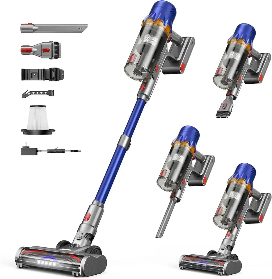 Akku Staubsauger für Zuhause kabelloser Stabstaubsauger: 45K Pa, 550 W, Anti-Tangle-Bürste, HEPA-Filter, 60 Min, Abnehmbare Batterie , LED Licht ,Leichtes gewicht – für Tierhaare, Teppich & Hartböden