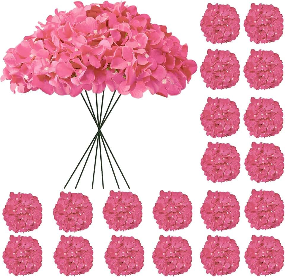 Hydrangea Artificial Flowers, 20 Pcs Hot Pink Hydrangea Artificial Flowers Bulk, Faux Hydrangea Flowers For Outdoor, Fake Silk Fuchsia Hydrangea Flowers With Stems For Wedding Decoration Decor