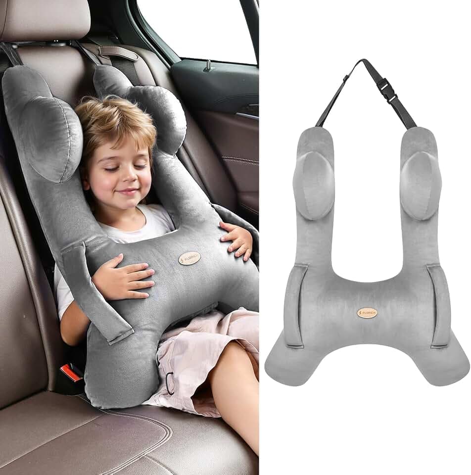 FLORICH Kids Travel Pillow, Car Sleeping Travel Pillow for Kids, Washable H-Shaped Pillow for Adults and Children to Support Head and Body for Road Trips Pillow for Car (Grey)