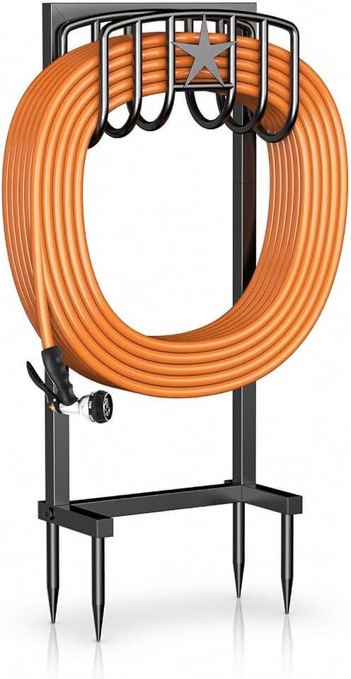 Garden Hose Holder, Heavy Duty Freestanding Metal Stand, 165FT Garden Hose Storage with 4-Spike Stable Base, Rustproof Water Hose Holder for Outdoor Yard Lawn Garden Black