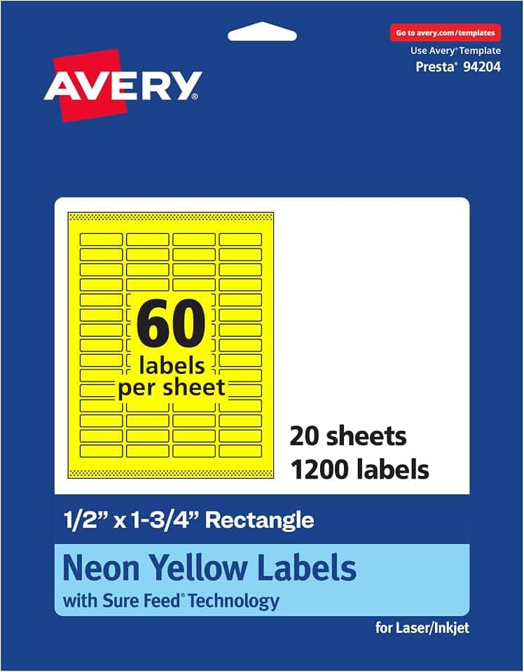 Avery Printable Rectangle Labels, Sure Feed Technology, 1/2" x 1-3/4", Neon Yellow Labels, Print-to-The-Edge, Laser/Inkjet Printable, 1,200 Total, Great for Jars and More