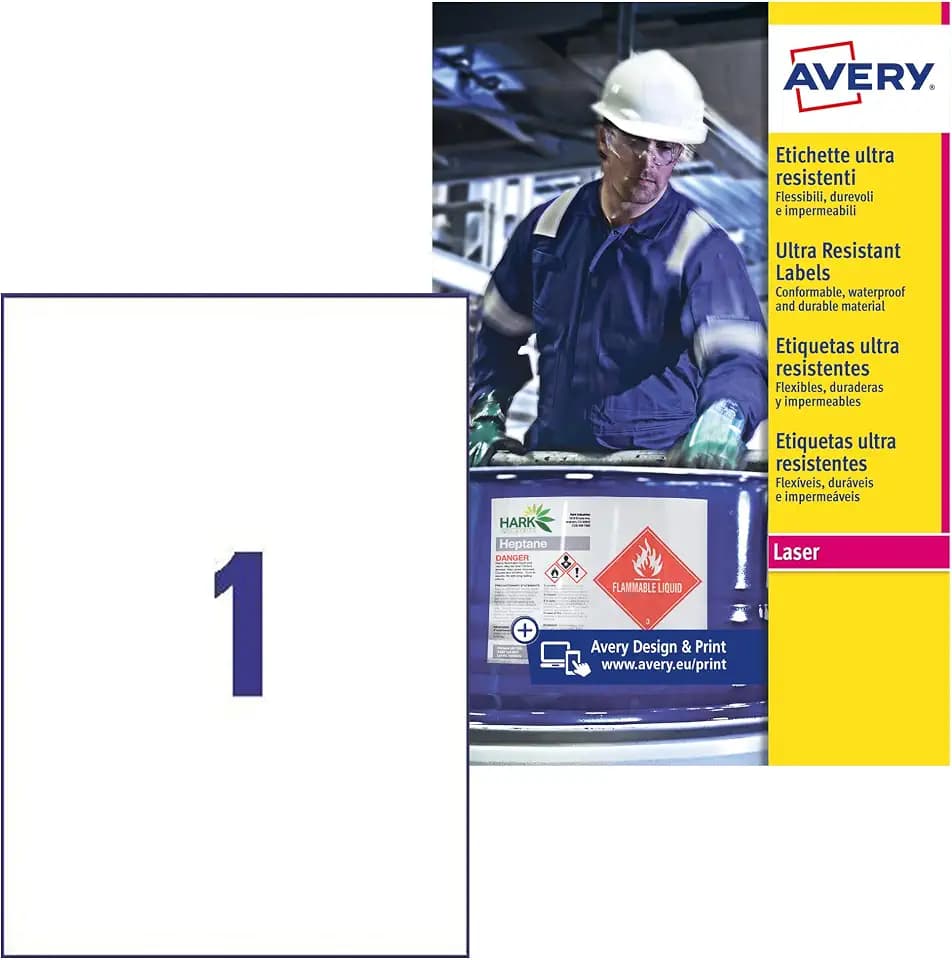 AVERY Zweckform L7917-10 Strapazierfähige Folienetiketten (10 Aufkleber, 210x297mm auf A4, extrem stark selbstklebend, für schwierige Oberflächen, bedruckbare Outdoor Klebefolie) 10 Blatt, weiß