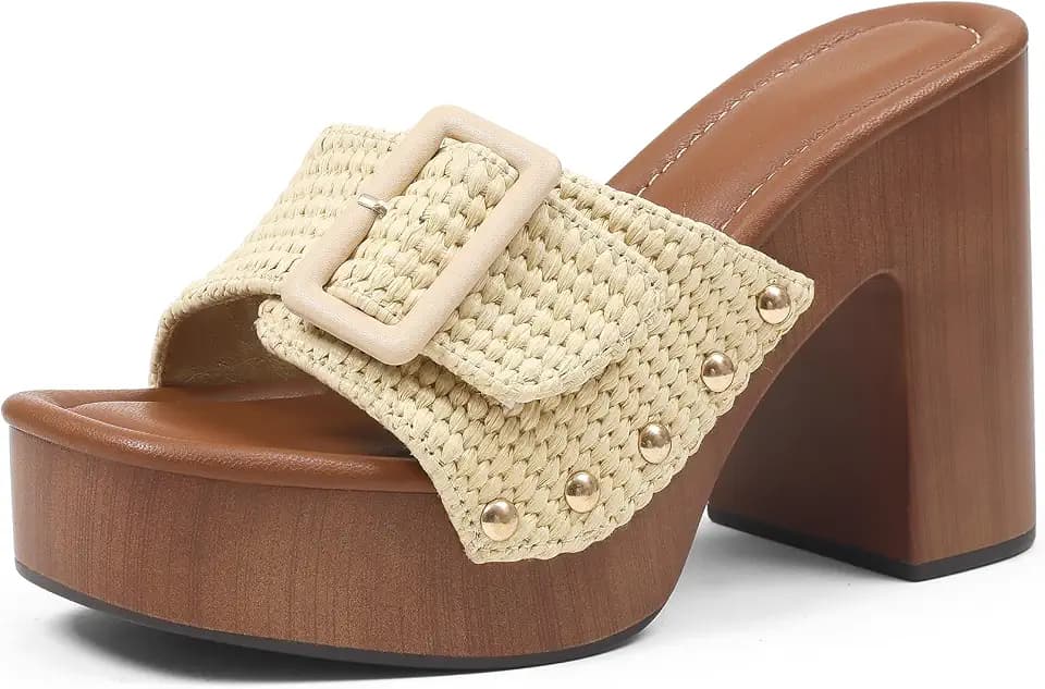 Oiamenne Womens Platform Chunky Heels Sandals Open Toe High Block Heeled Sandals Slip On Slides Mules for Party Dressy Shoes