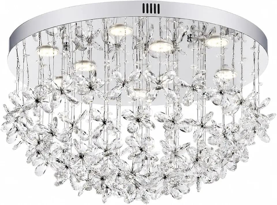 Luxury Flower Crystal Ceiling Light with Remote and APP Control, 24” Flush Mount LED Chandelier, Crystal Modern Ceiling Light, Dimmable 3-Color Change Lighting for Bedroom Living Room Dining Room