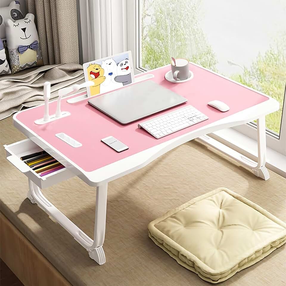 Laptop Bed Table, Laptop Desk for Bed, Foldable Laptop Bed Desk with USB Charge Port, Handle, Desktop Card Slot, Cup Slot, Side Drawer, Portable Laptop Table for Bed Eating Reading Working